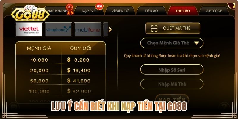 Lưu ý cần biết khi nạp tiền tại Go88